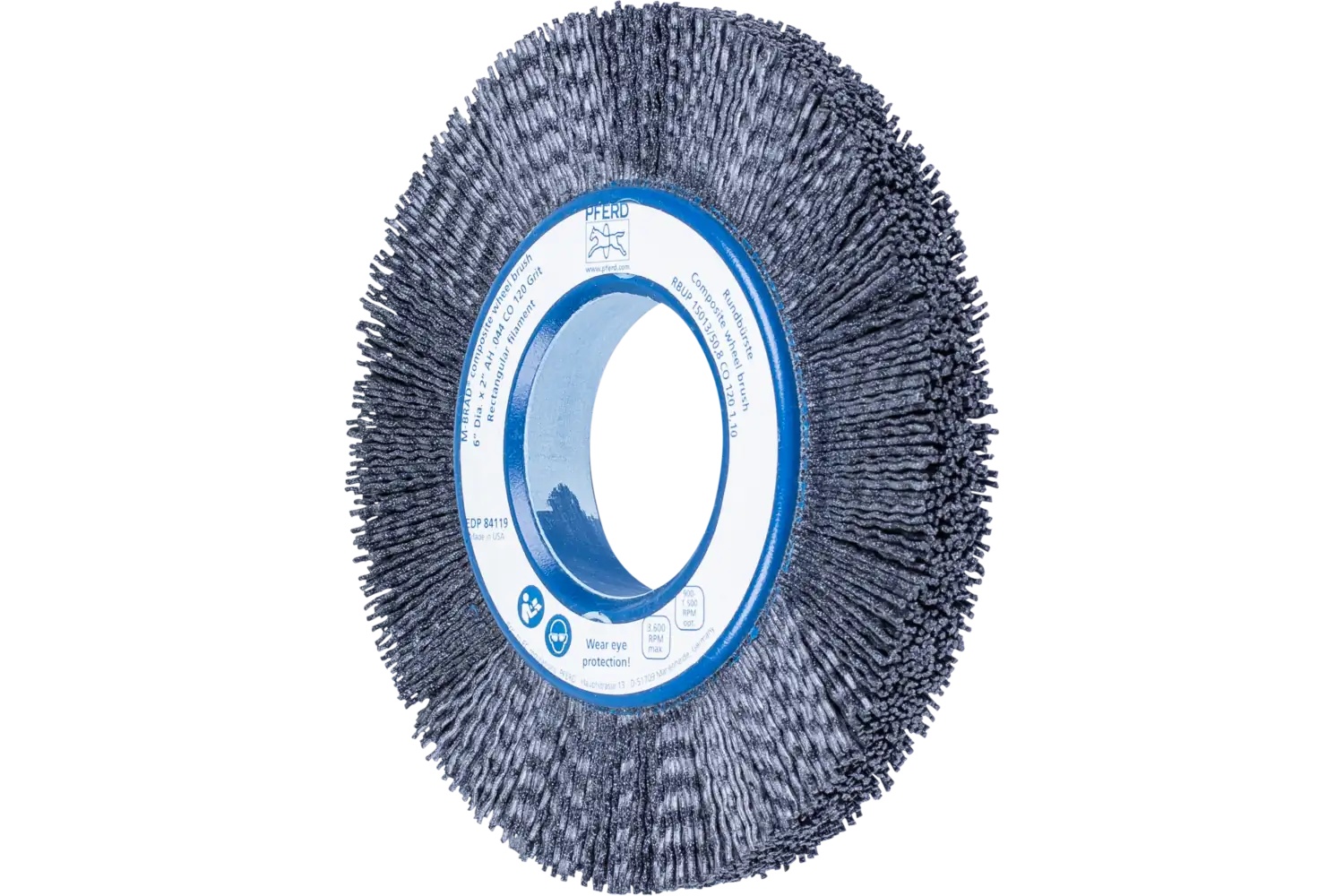 Show details for Pferd M-BRAD Composite Wheel Brush 6" Dia. .040/120 Grit Ceramic Oxide 2" Arbor Picture of Pferd M-BRAD Composite Wheel Brush 6" Dia. .040/120 Grit Ceramic Oxide 2" Arbor